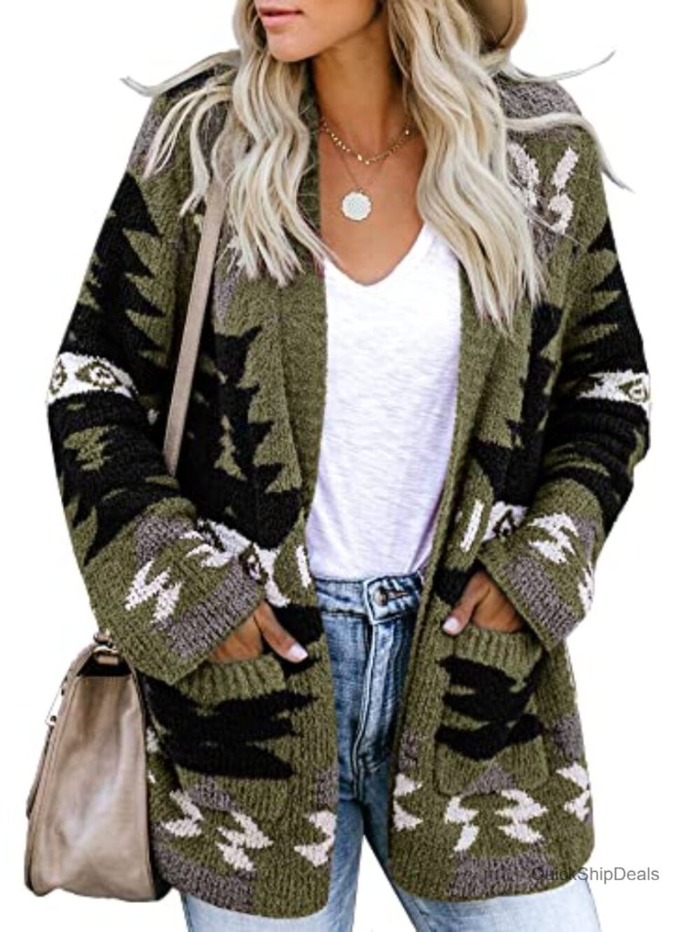 Boho Aztec Open Front Cardigan Long Sleeve Knitted Loose Sweater with Pockets